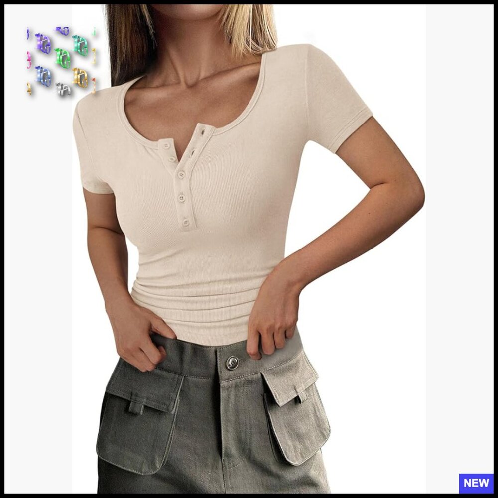 Ribbed Henley Button Slim Fit T-Shirt Casual Chic Summer Top Blouse